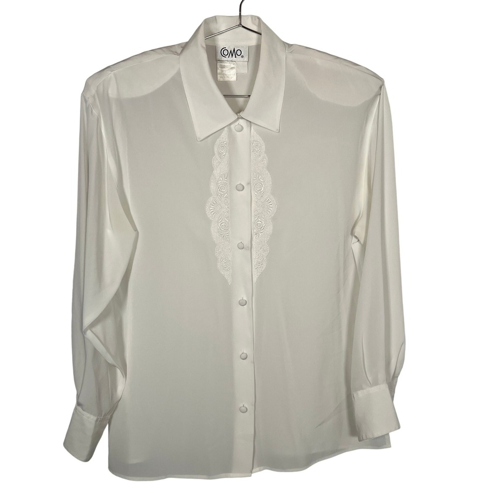 Women's Vintage White Blouse Lace Trim Button Down‎ Long Sleeve Medium